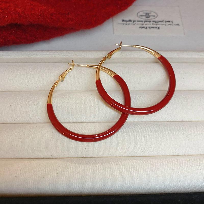 Серебряная Игла Анкара Красные Геометрические Большие Серьги-Кольца для Женщин - Высококлассный Ретро Стиль