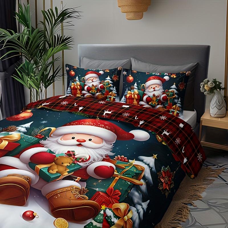 3Pcs Christmas Bedding Set - Santa & Snowman Print Duvet Cover And Pillowcases, Breathable Polyester, Machine Washable