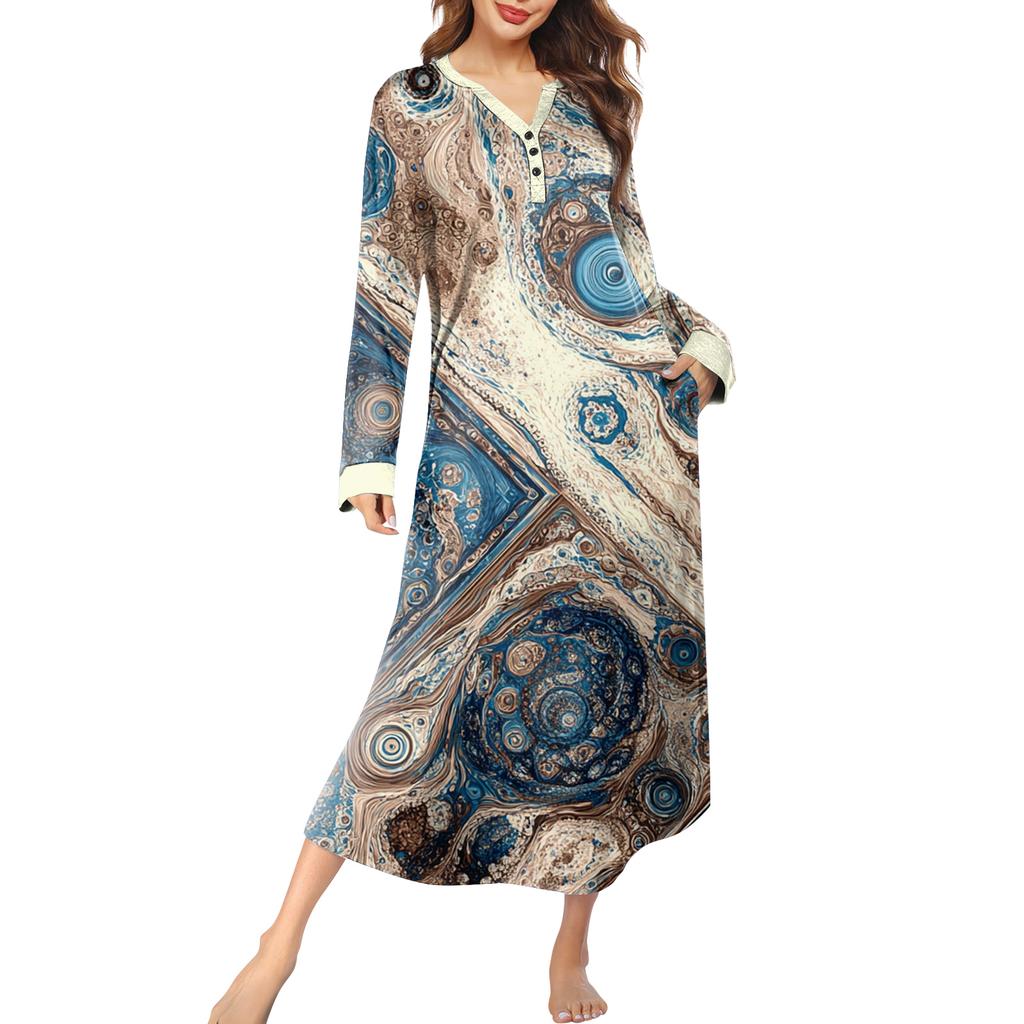 Женская ночная сорочка длинная домашняя одежда с V-образным вырезом и карманами