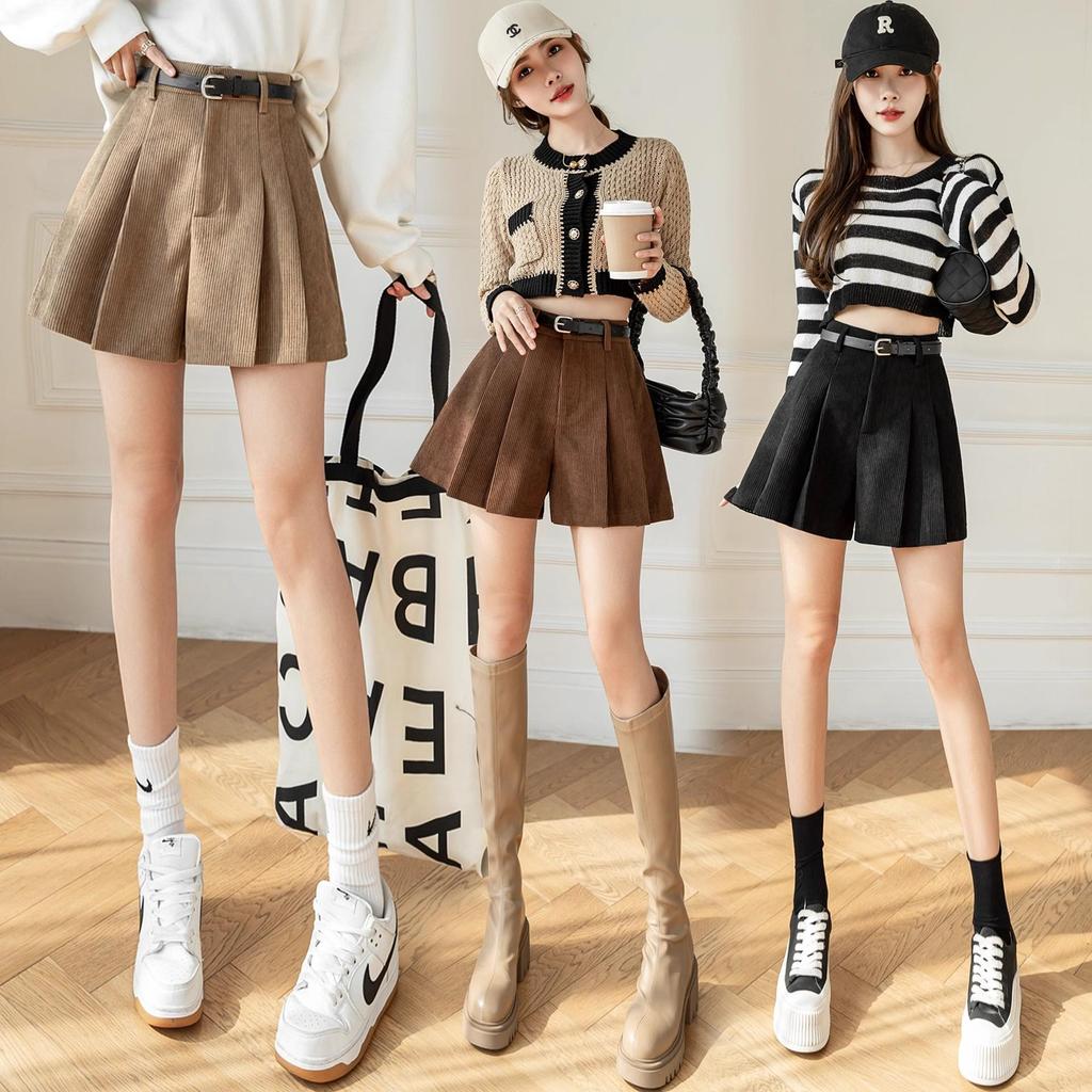 Women's High Waist A-line Khaki Corduroy Pleated Skirt Shorts - Autumn/Winter European Style Casual Wear
