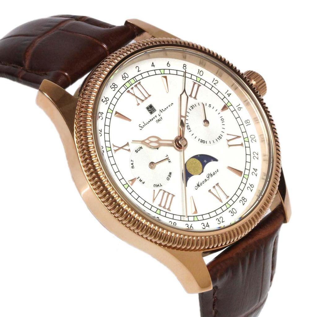 Часы Moon Phase Multi Calendar 5 ATM Waterproof Business Formal Leather Belt Limited Model Pink Gold White [Salvatore Mara] Men's SM24110-PGWH