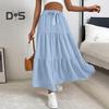 Women Maxi Skirt Elastic Waist Adjustable Drawstring Ruffle Stitching Ankle Length Skirt Solid Color A-Line Breathable Long Skirt