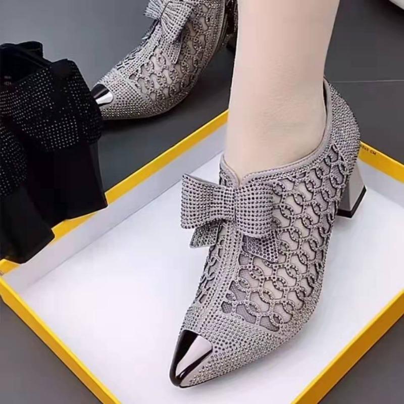 Women's Summer New Block Heel Mesh Breathable Medium Heel Single Shoes Bow Metal Pointed Toe Cutout Breathable Pumps