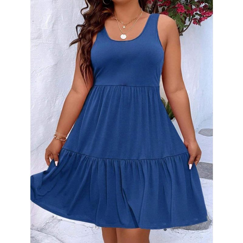 Женская мода лето весна сплошной цвет печати без рукавов U-образным вырезом с высокой талией повседневные платья