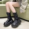 Модные женские ботинки до середины икры на толстой подошве, новые осенние кожаные ботинки на высокой платформе с круглым носком, женская обувь в стиле панк с пряжкой, мотоциклетные ботинки, зимние кроссовки