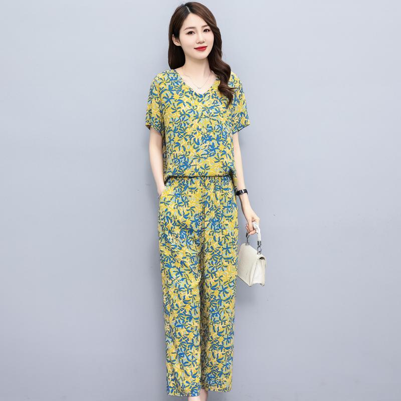 Женский летний костюм среднего возраста, новые элегантные комплекты из двух предметов, женские наряды, свободный винтажный комплект с широкими брюками с принтом