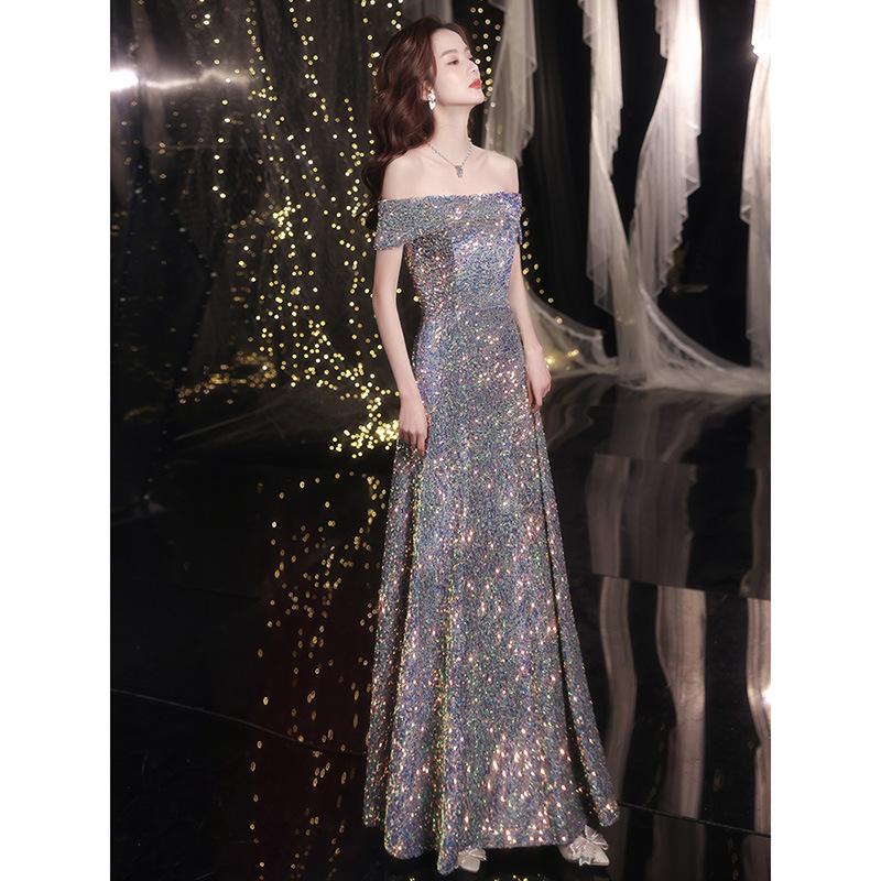 Banquet evening dress dress women's 1011 new summer sequins dinner temperament annual meeting host one-word shoulder dress
