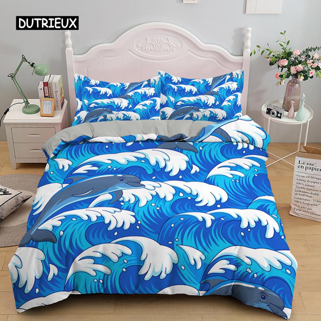 3D дельфин в синем море Queen King Size комплекты постельного белья Animal Single Quilt Duvet Cover Set Детская кровать для взрослых Полиэстеровое постельное белье