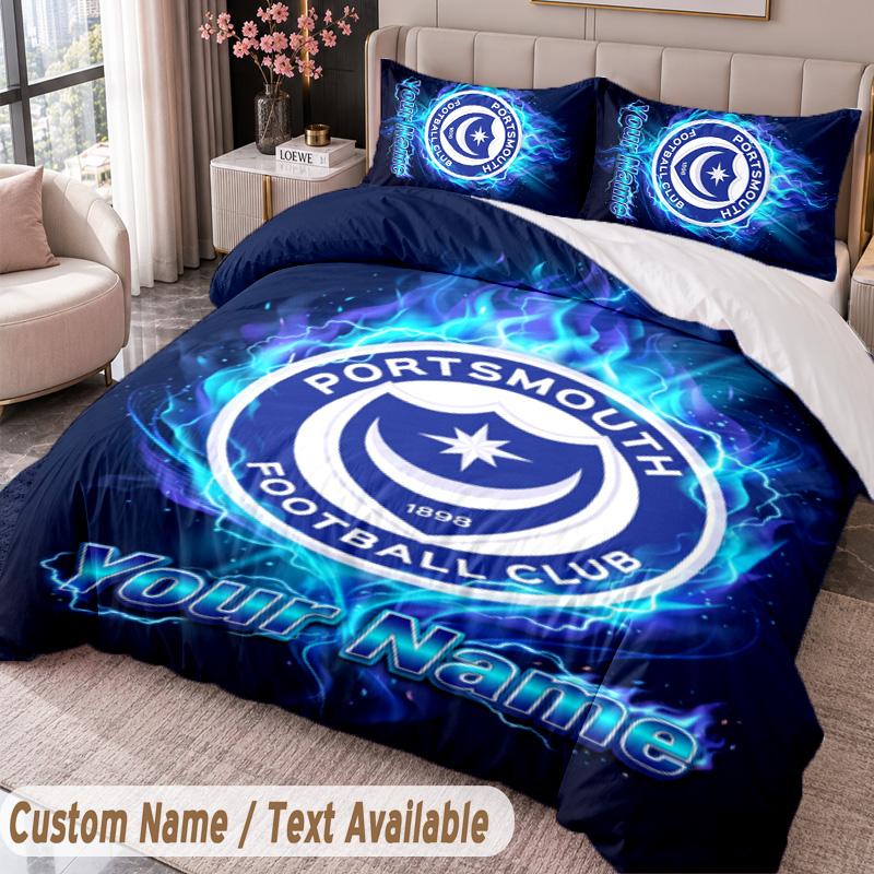 Portsmouth FC Printed Bedding Set Custom Name Text 1 Duvet Cover 2 Pillowcases For Bedroom