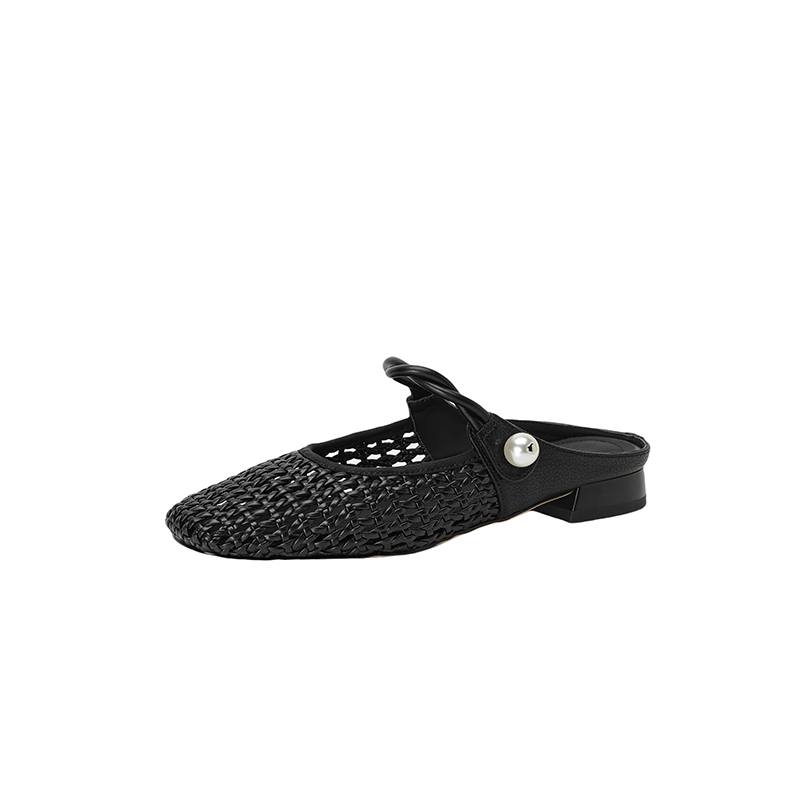 Krazing Pot Микрофибра Мюли Плетение Лето Размер 41 Низкий каблук Жемчужная отделка Вечерняя обувь Женщины Квадратный носок Гладиатор Полые туфли-лодочки