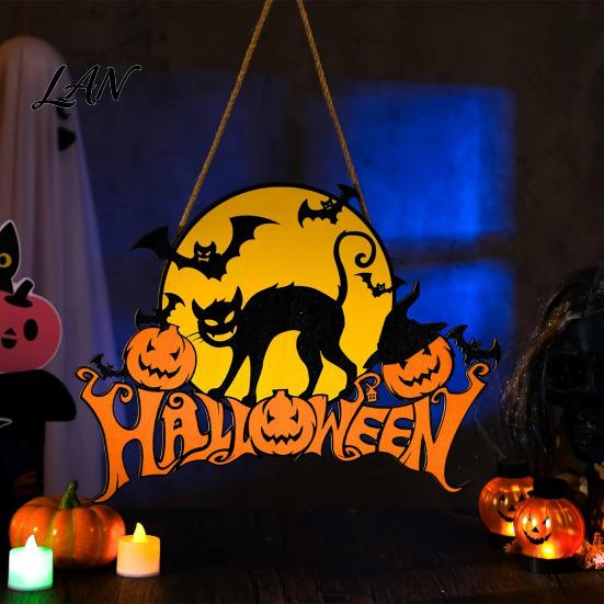 Vintage Dark Style Home Decor Halloween Wood Door Hanger Sign, Pumpkin And Black Cat Printed, with Hemp Rustic Rope Lanyard, Decorative Wall Pendant,