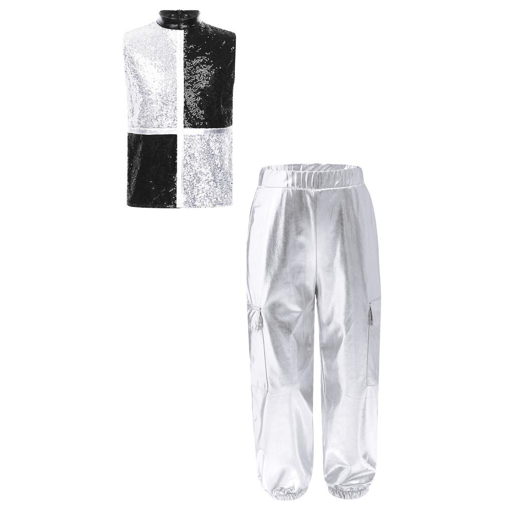 Boys Metallic Jazz Dance Costume Mock Neck Sleeveless Back Zipper Shiny Sequins Color Block Top Cargo Pants