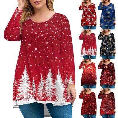 Женская мода большого размера с круглым вырезом и длинным рукавом, повседневный свободный пуловер с рождественским принтом