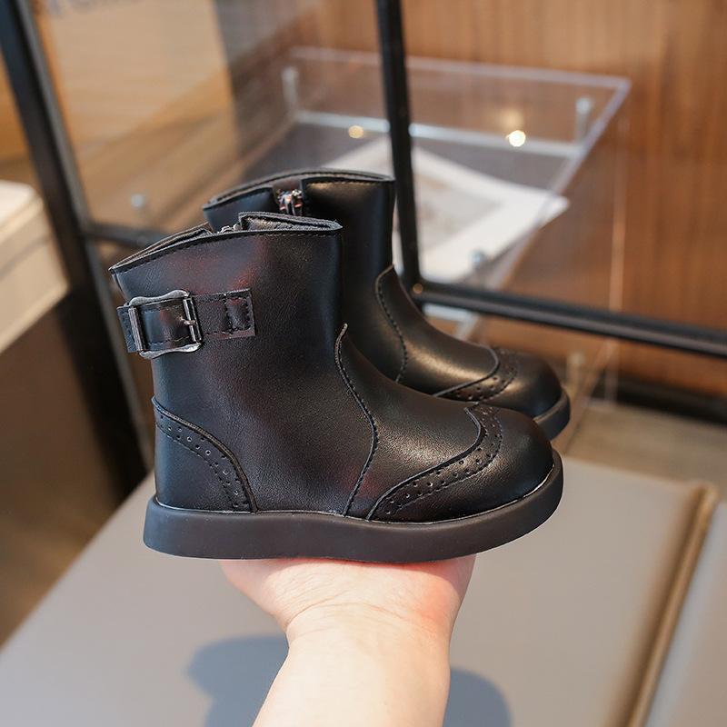 Зимние ботинки для девочек в британском стиле, однотонные повседневные детские кожаные ботинки, теплые плюшевые детские модные хлопковые ботинки до щиколотки, универсальные