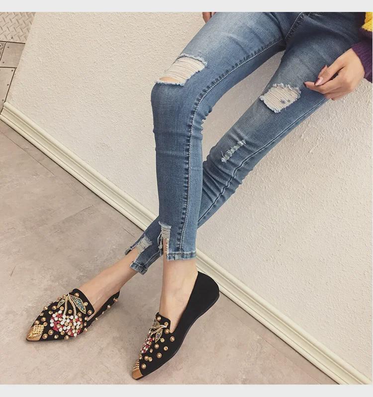 Women's 2020 Autumn Large Single Shoes - Rivet Cherry, Rhinestone Pointed Toe, Flat Style