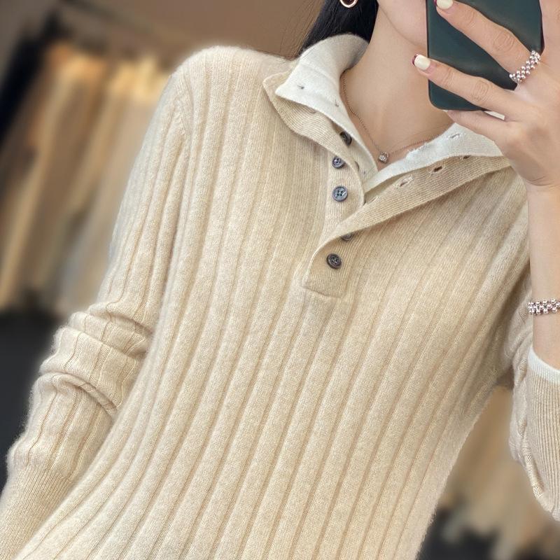 Women Autumn Winter Casual Turn Down Collar Pullover Cashmere Sweater Wool Knitwear Clothing