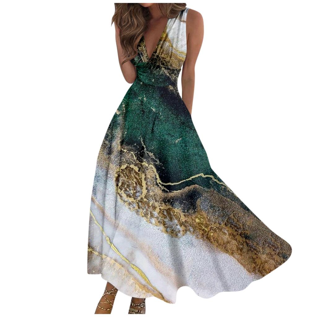 Женское длинное платье Платье макси Повседневное платье Летнее повседневное платье без рукавов с v-образным вырезом в стиле бохо с талией и принтом