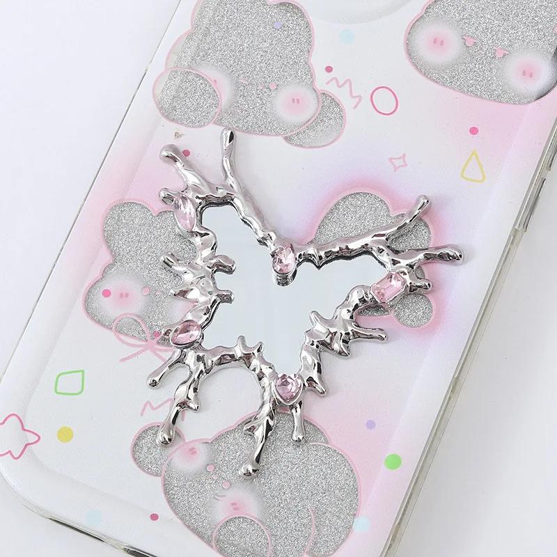 1 шт. Y2K Sense of Advanced Butterfly Heart Shape Girls Gem Makeup Mirror Liquid Metal Style Womens Mini Portable Handheld Mirror