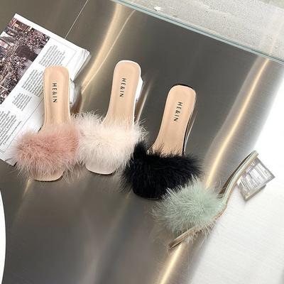 Summer Fluffy Peep Toe Sexy High Heels Women Shoes Fur Feather Lady Fashion Wedding Slip-On Pink Square Toe Women Sandals