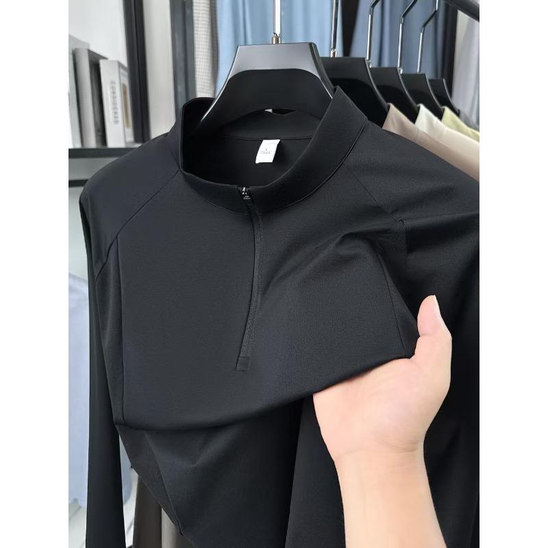 STORN Fashion Half Zipper Stand Collar Short Sleeve Men's T-shirt New Solid Color Luxury Summer Ice Silk Breathable Sports Casual Top