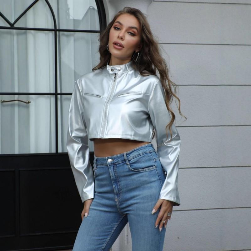 Womens Metallic PU Leather Biker Jacket Short Zip-Up Stand Collar Streetwear