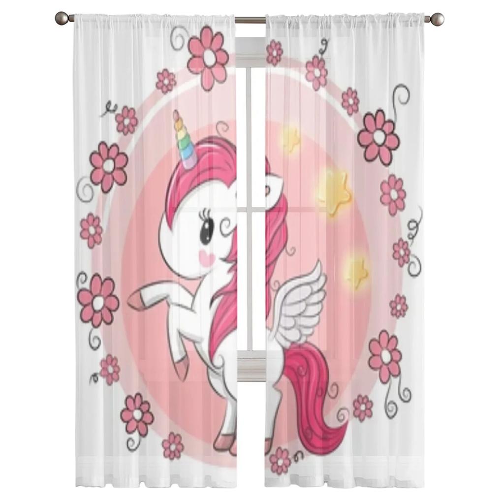 Милый мультяшный единорог с цветами, прозрачные шторы для гостиной, детская спальня, тюлевые шторы, кухонные шторы для окон