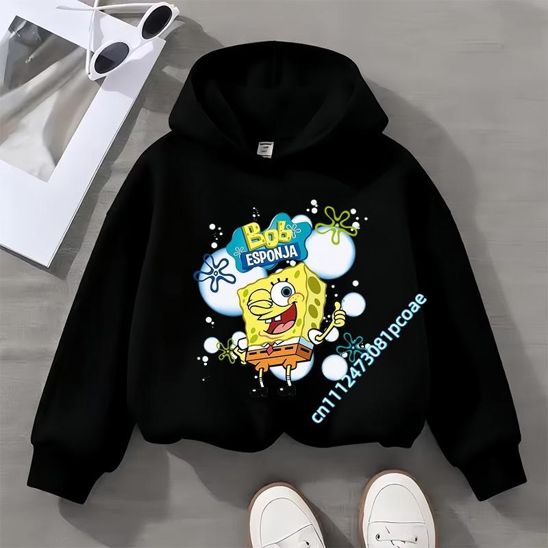2026 Boy's sports shirt, SpongeBob girl's casual top, children's hooded shirt, long-sleeved cartoon print for autumn and winter