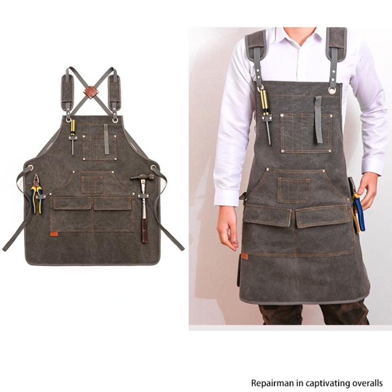 1 Pc Unisex Canvas Work Apron with Tool Pockets Cross-Back Straps Adjustable for Woodworking Painting