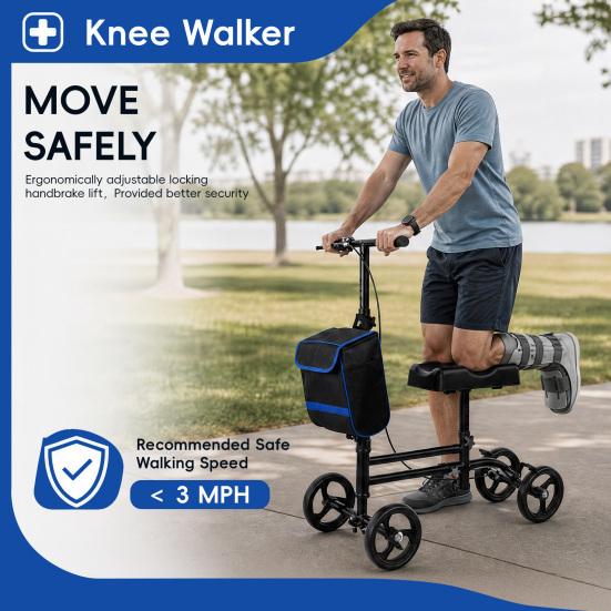 Adjustable Knee Walker Portable Scooter with Hand Brake, Foldable Lightweight Leg Comfortable Mobility Device for Foot & Ankle Injuries, Crutch