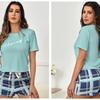 Новые женские комплекты пижам из 2 предметов, топы-пуловеры с коротким рукавом и шорты в клетку на кулиске, повседневная футболка, домашняя одежда, комплект пижам