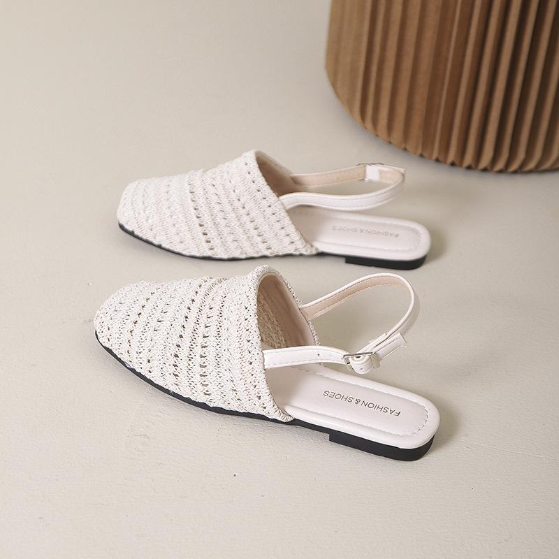 Соломенная плетеная сумка на толстом каблуке и с неглубоким вырезом, сандалии с открытой пяткой, женская обувь, весна-лето 2025, новые сандалии на плоской подошве с одним ремешком