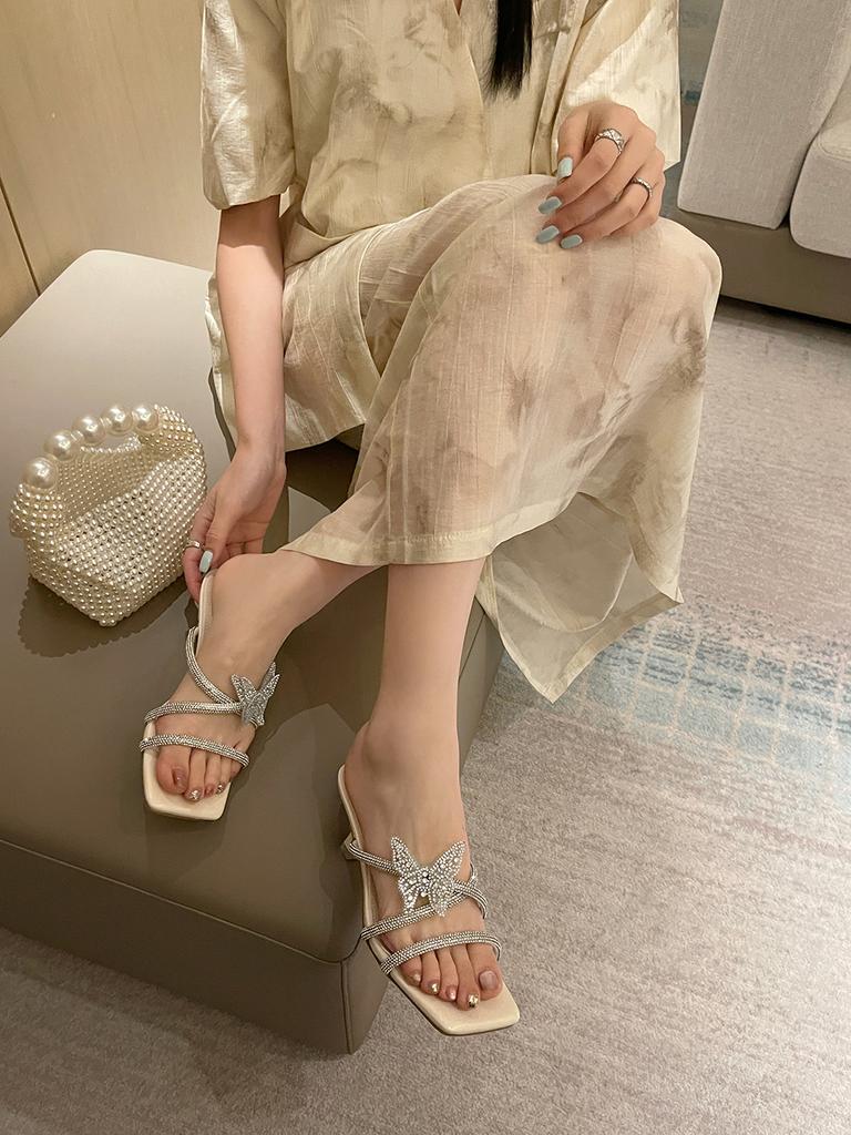 Мода Модные женские туфли-слайды с открытым носком Летние туфли на тонком высоком каблуке Повседневные туфли-лодочки для вечеринок Дамские серебристо-белые туфли для женщин