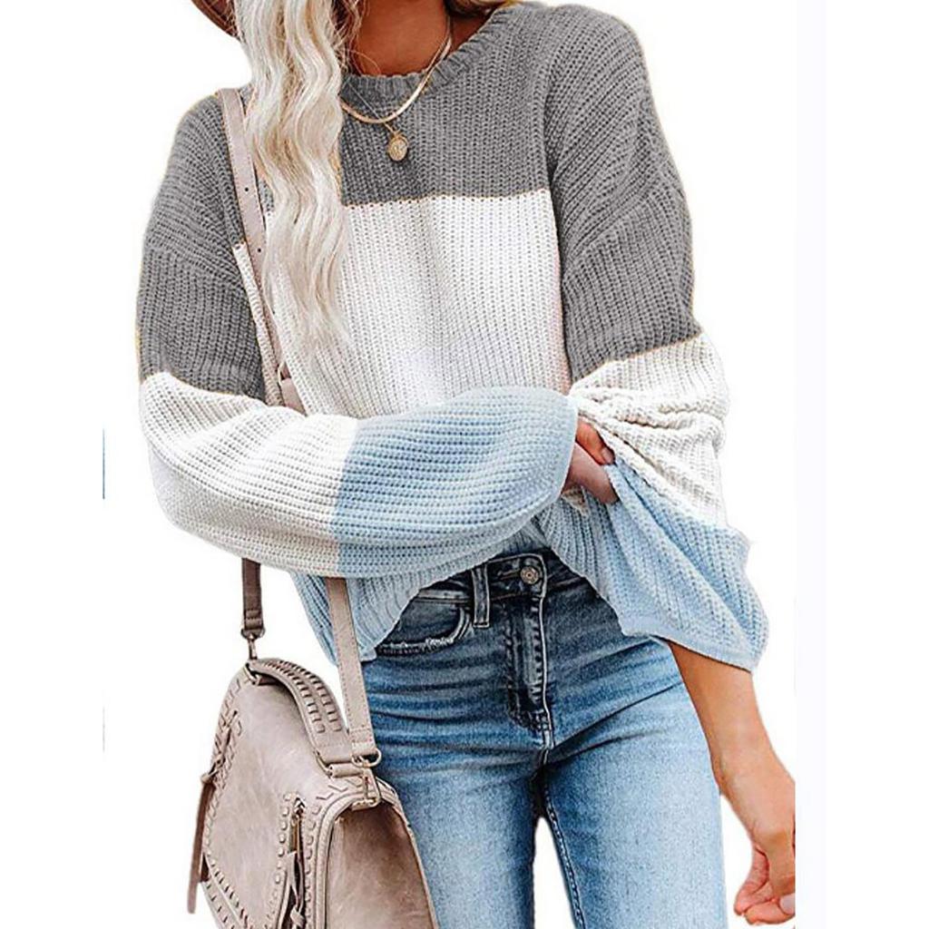 Женская мода повседневный цветной пэчворк свитер длинный рукав пуловер свитер топ