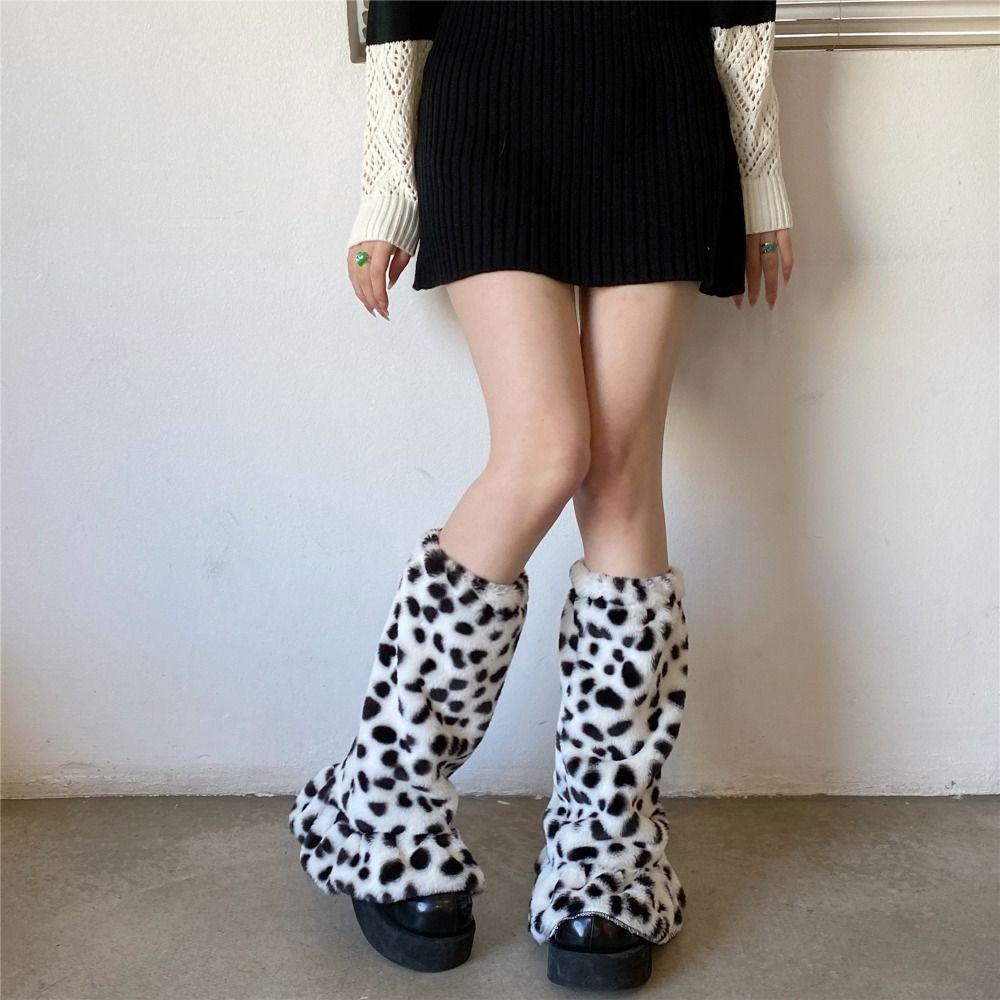 Y2K Winter Leg Warmers Dot Stripe Long Stockings Vintage Plush Leg Coverings Streetwear