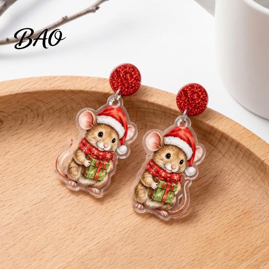 Cute Acrylic Dangle Jewelry 1 Pair Christmas Mouse Earrings, 2D Flat Cartoon Animal Charming Theme Drop Earrings for Women, Glitter Star Charm,