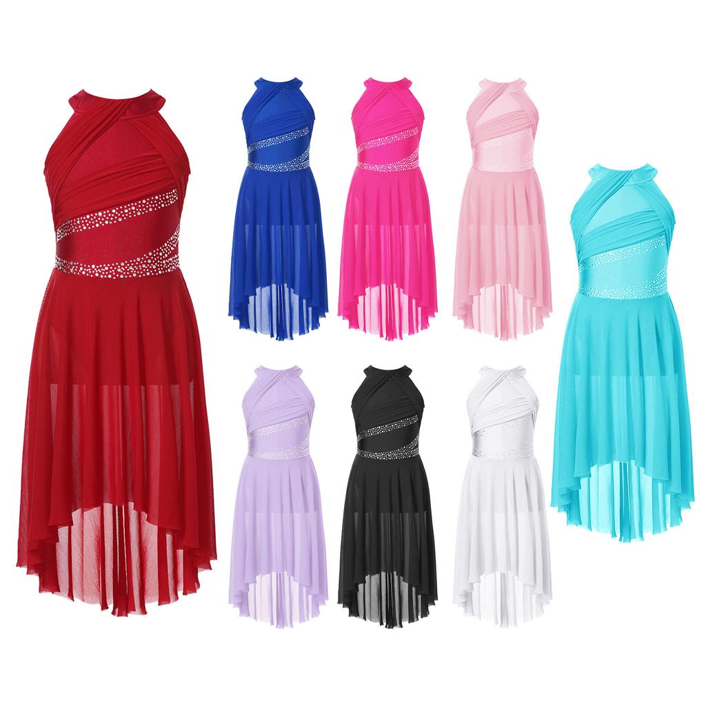 Детское лирическое платье для латинских танцев для девочек, купальник без рукавов со сверкающими стразами и рюшами, балетная танцевальная одежда