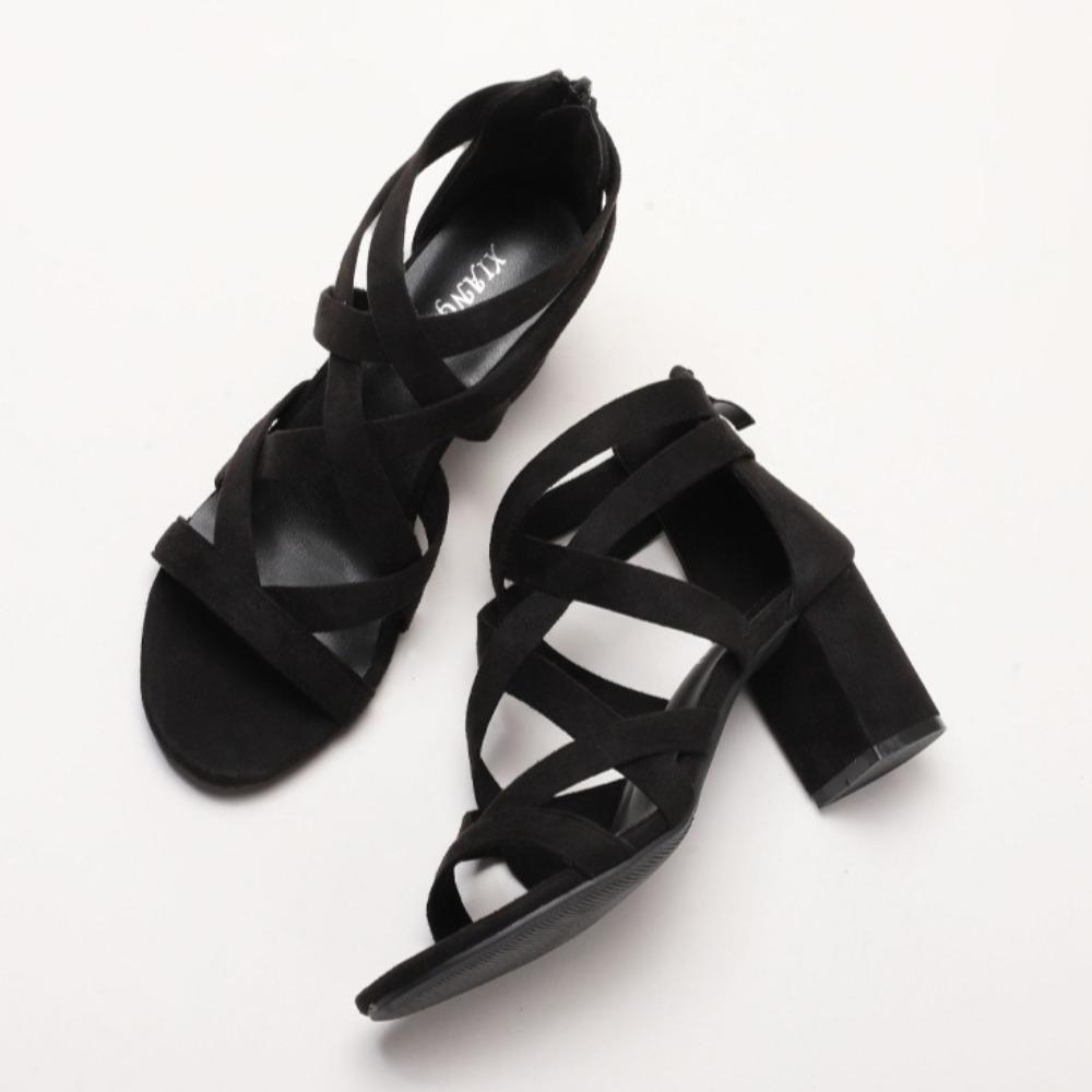 Босоножки Женские Мода 2025 Новые Универсальные Толстый Каблук Римский Стиль Высокие Каблуки Женские Босоножки Задняя Молния Летняя Женская Обувь