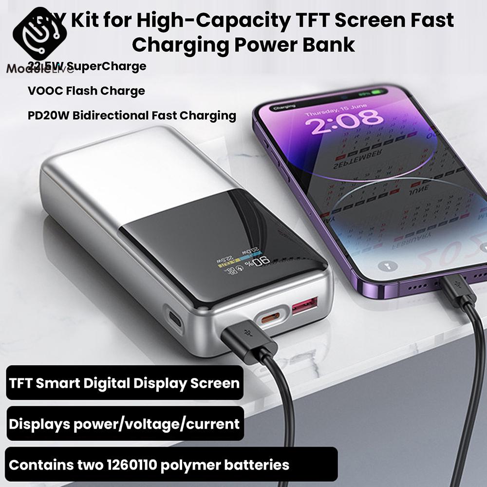 Портативный Power Bank Набор для сборки 22,5 Вт Двунаправленная Быстрая Зарядка Плата Power Bank Цветной TFT Дисплей Корпус для Аккумулятора Оболочка Аккумулятора