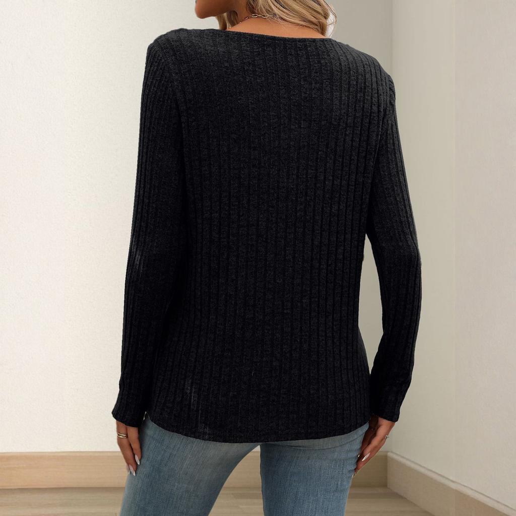 Women's Fashionable Solid Color V Neck Button Long Sleeved Loose Pullover T-shirt Top