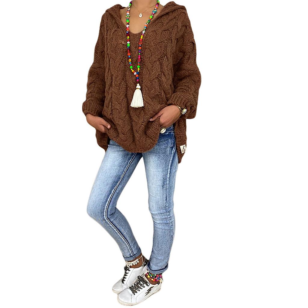 Women's Autumn and Winter Knitted Thickened Twist V-Neck Hooded Loose Sweater