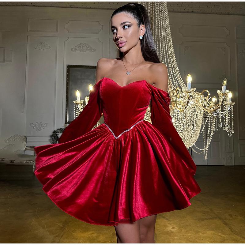 Sexy Velvet Strapless Short Party Dress Women Off Shoulder Long Sleeve Autumn Lady Christmas Evening Bandage Dresses