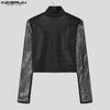 INCERUN Men Mockneck Long Sleeve Mesh Sheer Cutout T-shirts See Through Crop Tops
