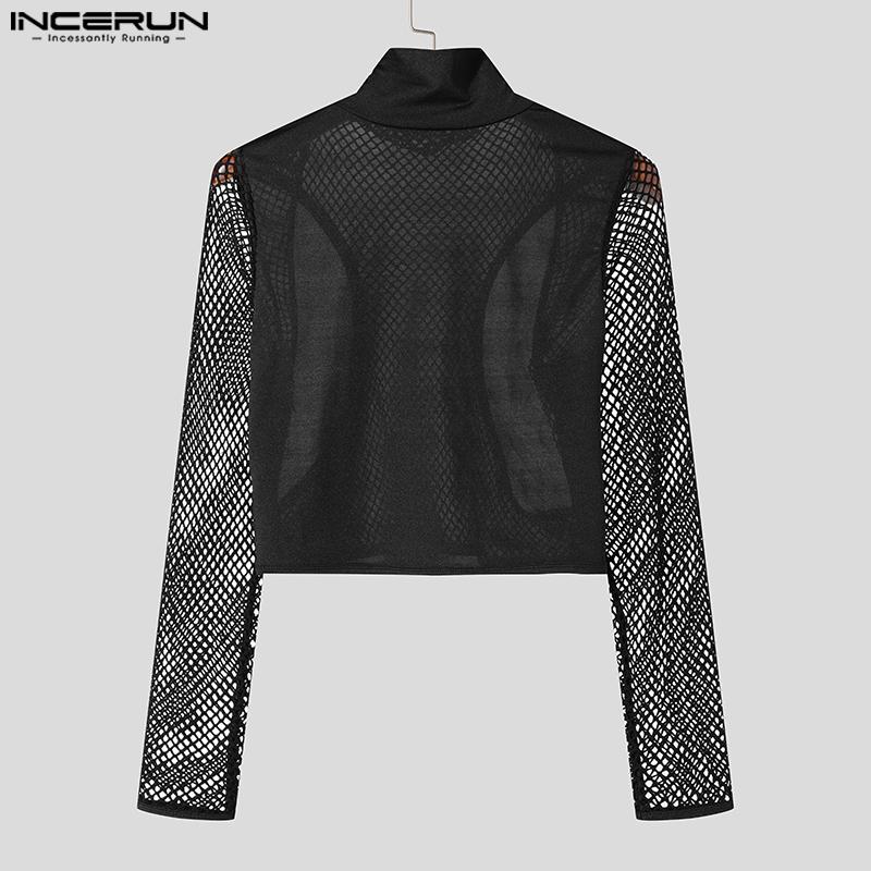 INCERUN Men Mockneck Long Sleeve Mesh Sheer Cutout T-shirts See Through Crop Tops