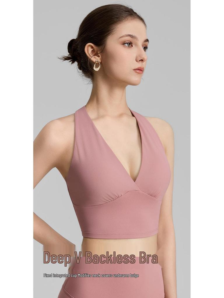 Женский спортивный топ-бра с V-образным вырезом и топ-майка для йоги с завязками на шее и фиксированными чашками - Поддерживает жир в области подмышек
