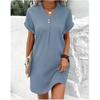 Summer Women Dress V Neck Button Short Sleeve Loose Solid Pullover Casual Daily Wear Mini Dress