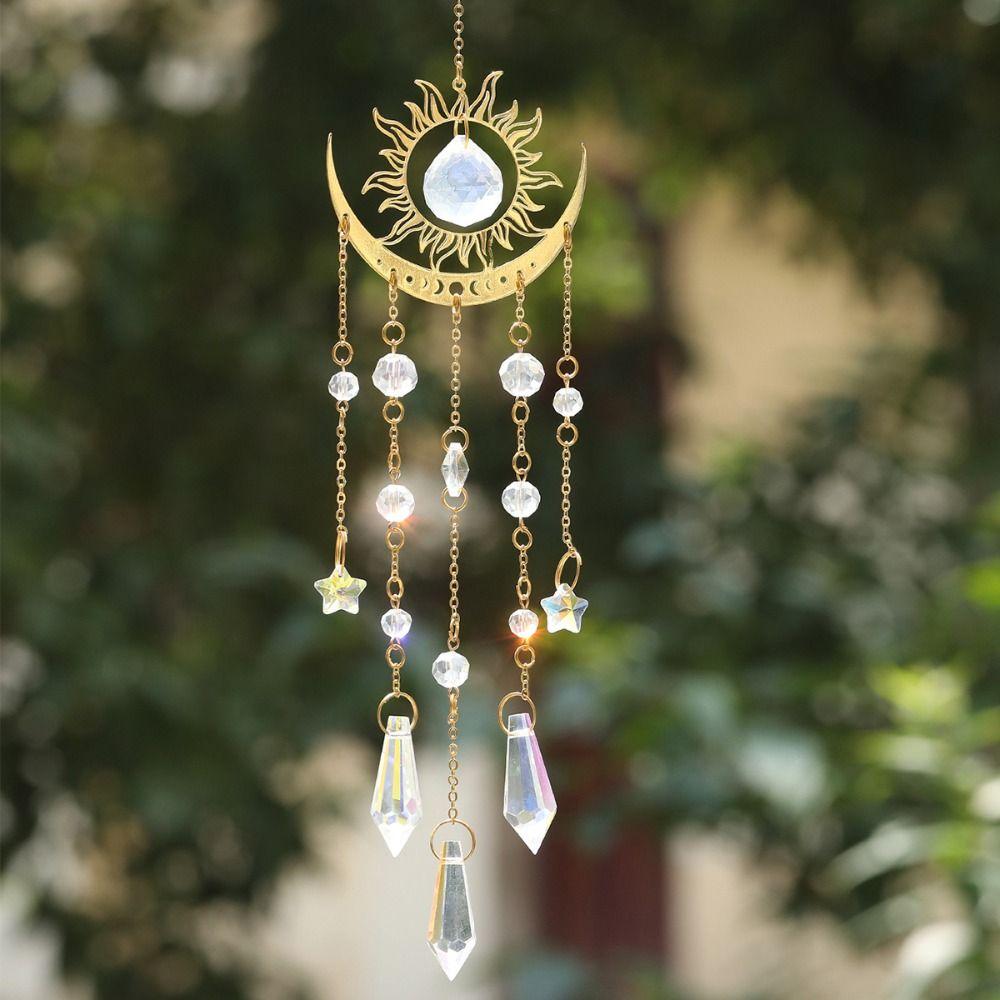 Rainbow Maker Golden Flame Moon Crystal Pendant AB Colourful Hanging Sunshine Catcher Moon Eye Moon Hanging Decoration Garden
