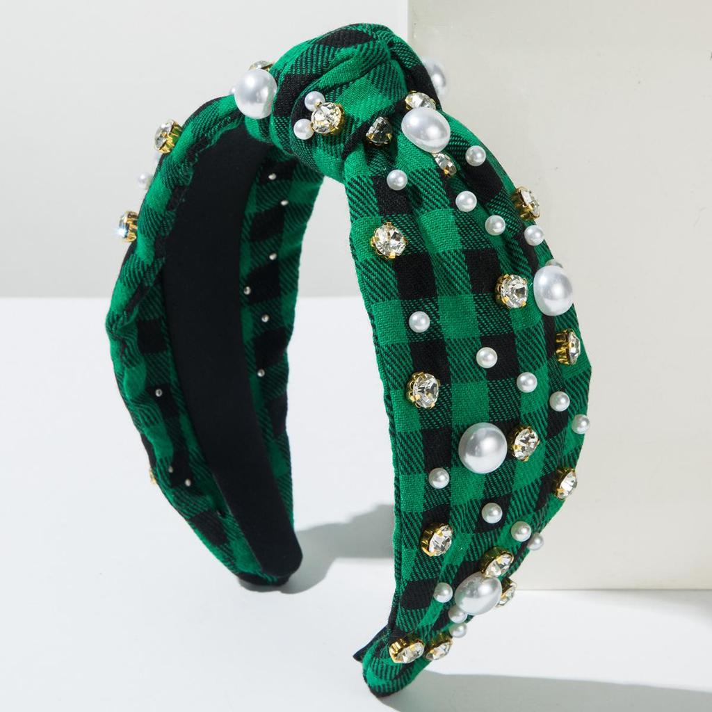 Модная классическая клетчатая тканевая повязка на голову Женская с бусинами, стразами, ощущение высокого класса, аксессуар для волос в стиле маленького аромата