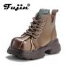 Fujin 5.5cm Genuine Leather Boots for Women Big Toe Ankle Booties Shoes New Motorcycle Punk ZIP Autumn Spring Wedge Thick Sole