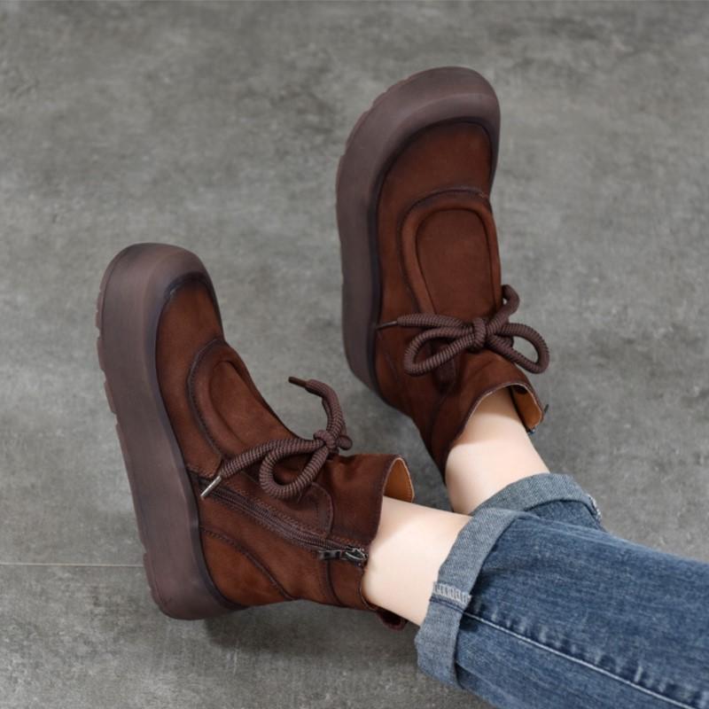 Johnature Ретро-ботинки из натуральной кожи с толстой подошвой, короткие, с круглым носком, женские, на плоской платформе