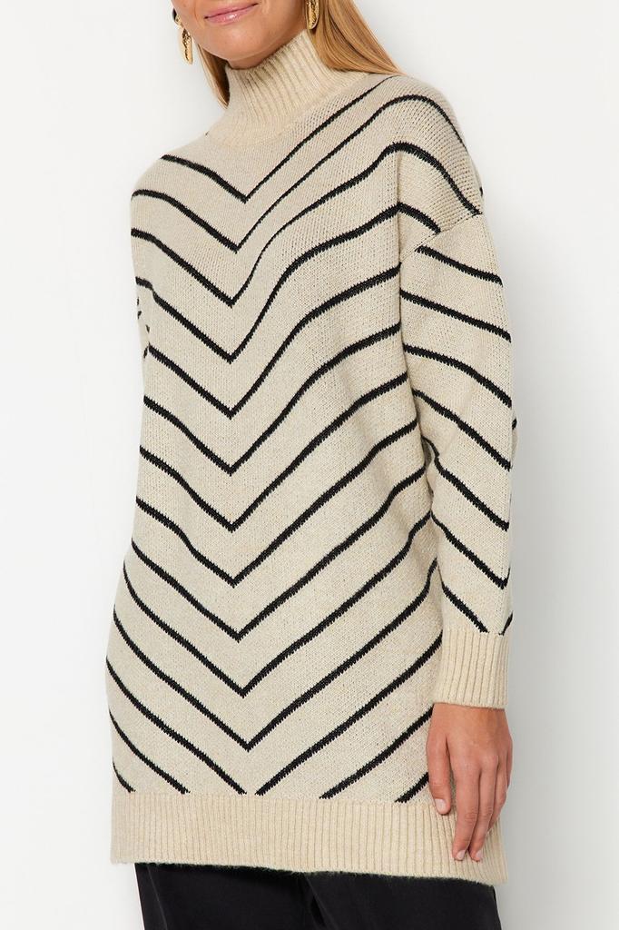 Женский модный стильный свитер в хиджабе, полосатый трикотаж с высоким воротником, свитер